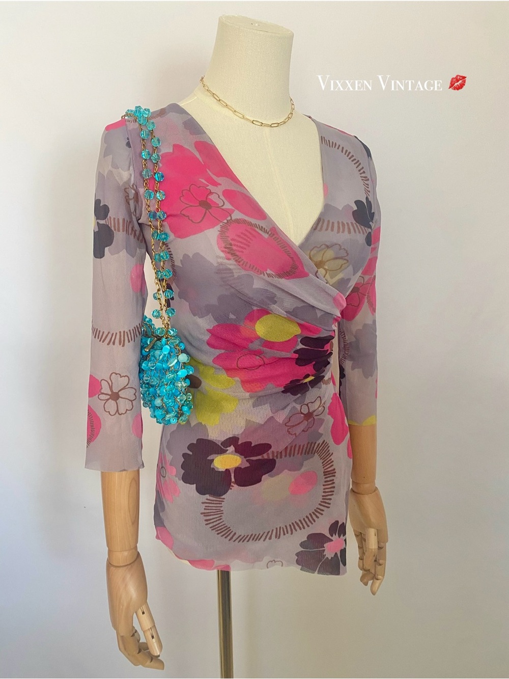 VINTAGE Y2K SWEET PEA BY STACY FRATI MOD FLORAL ASYMMETRICAL MESH FAUX WRAP TOP